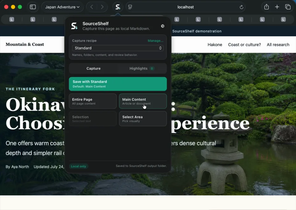 SourceShelf Safari extension capturing a fictional Japan travel page as local Markdown