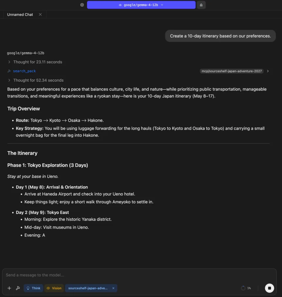 AI answer creating a detailed 10-day Japan itinerary from the user&amp;amp;#39;s SourceShelf travel pack
