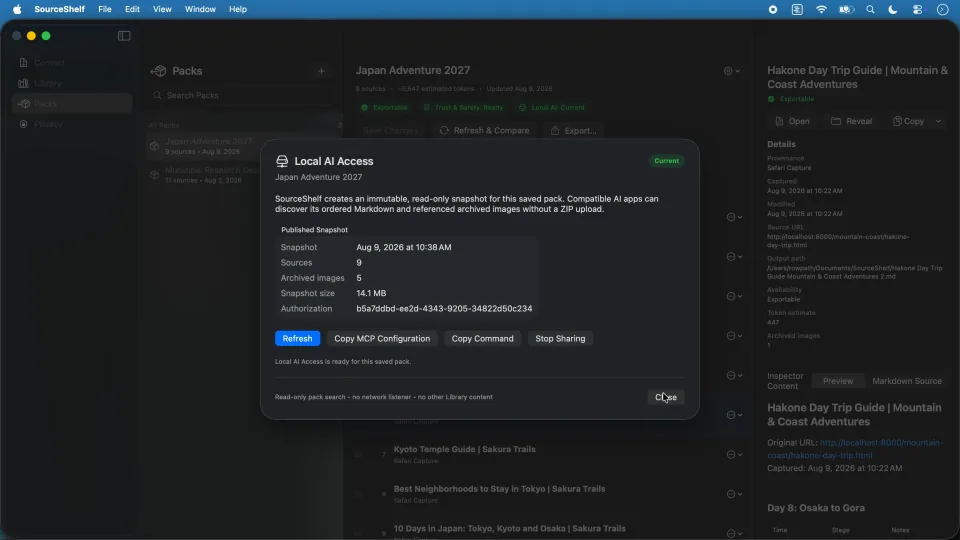 SourceShelf Local AI Access showing a current read-only snapshot of the Japan Adventure 2027 pack