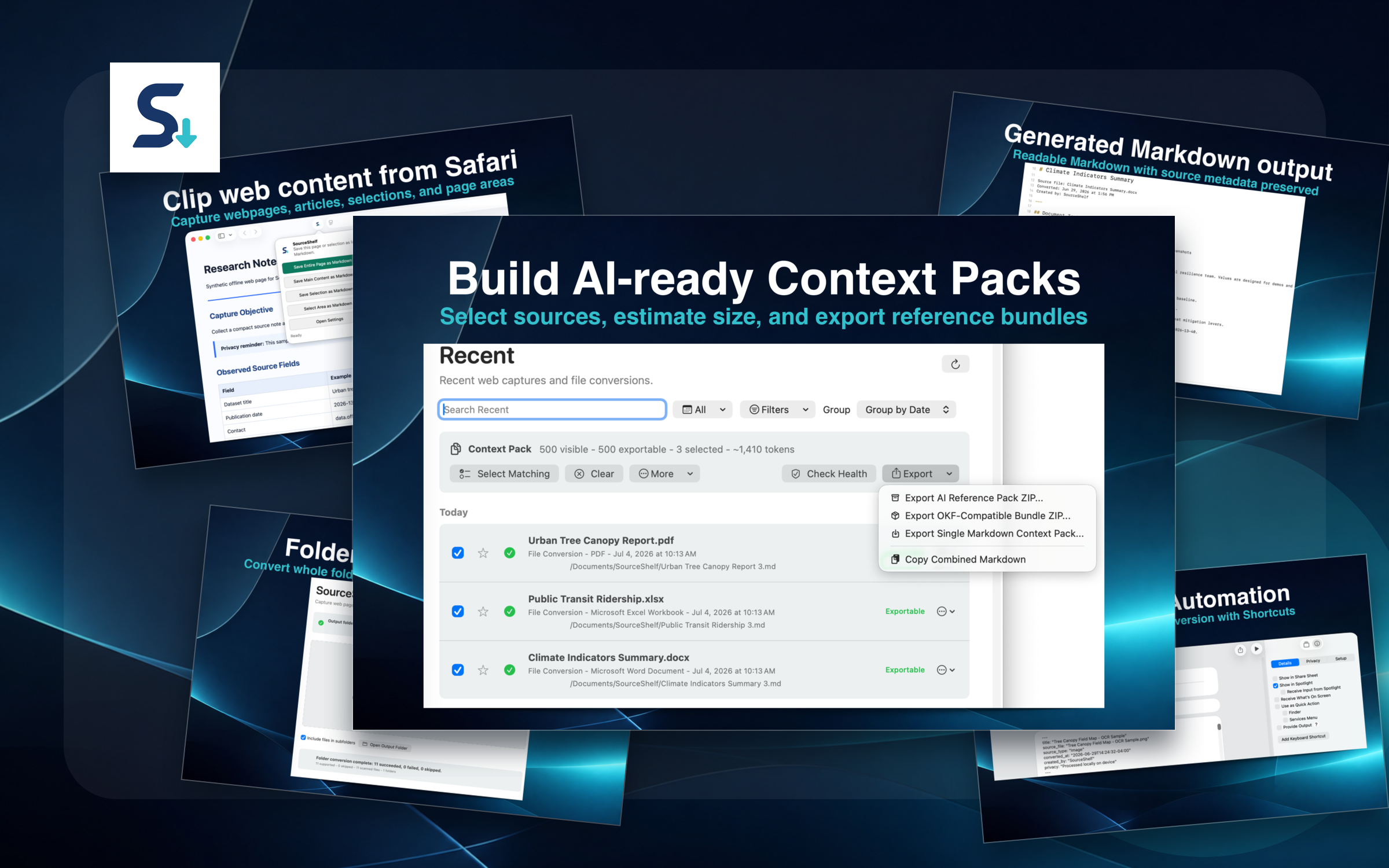 SourceShelf app screens showing Safari capture, folder conversion, generated Markdown, Shortcuts automation, and OKF-compatible AI Reference Pack export.