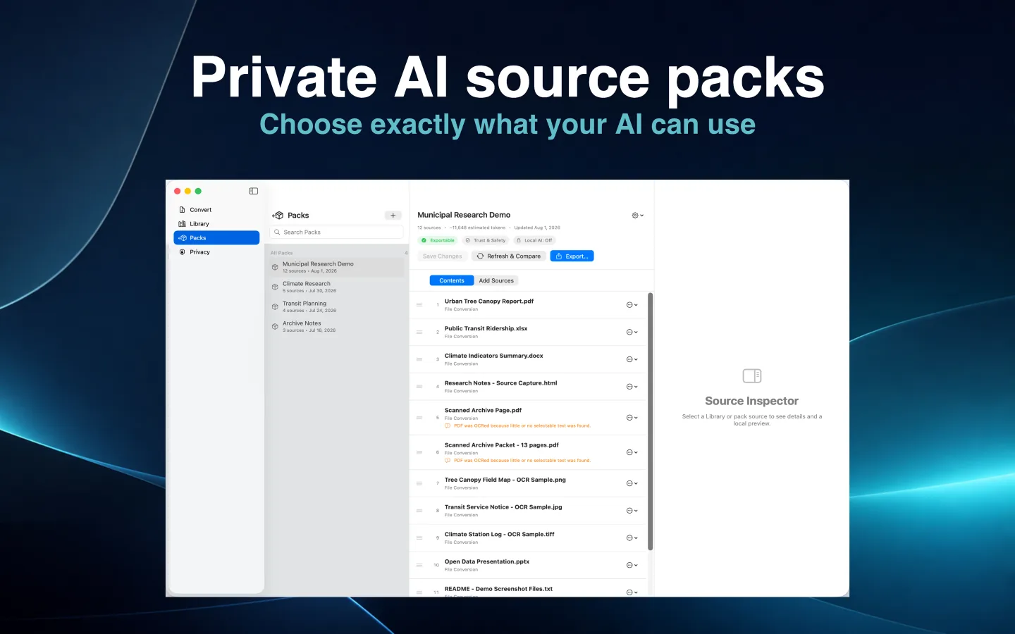 SourceShelf Packs workspace showing saved knowledge packs, ordered sources, and a source preview.