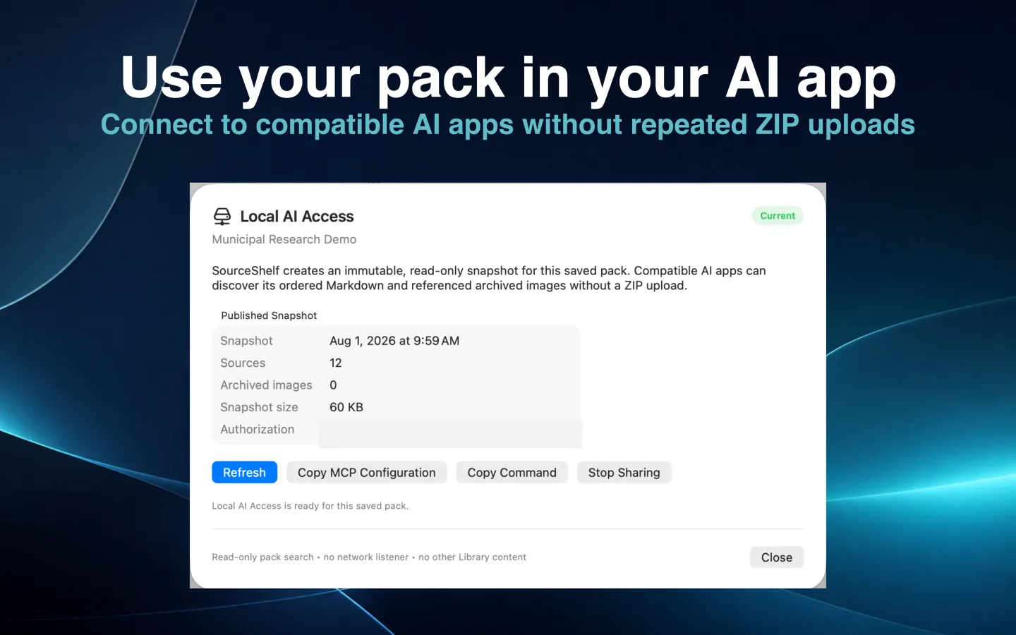 SourceShelf Local AI Access screen showing a selected pack shared as a read-only snapshot.