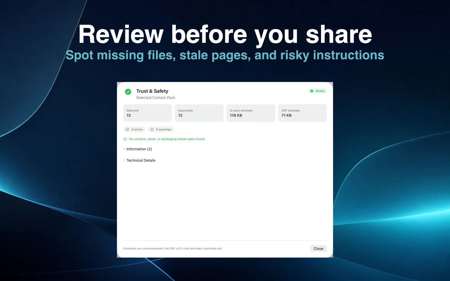 SourceShelf Trust & Safety results shown before a pack is authorized for local AI access.