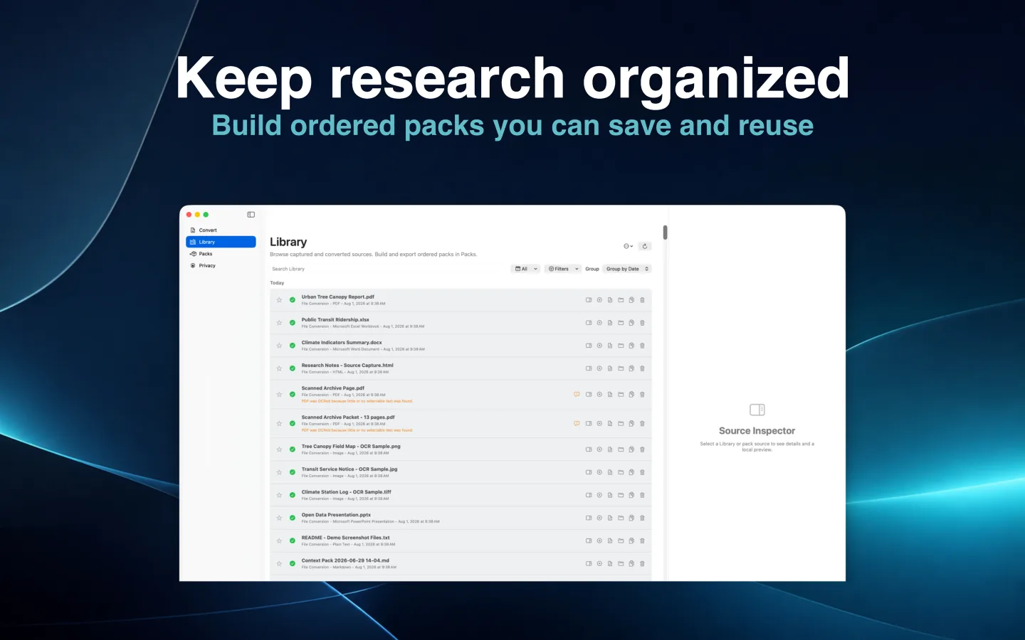 SourceShelf local research Library with search, saved sources, and an inspection workspace.