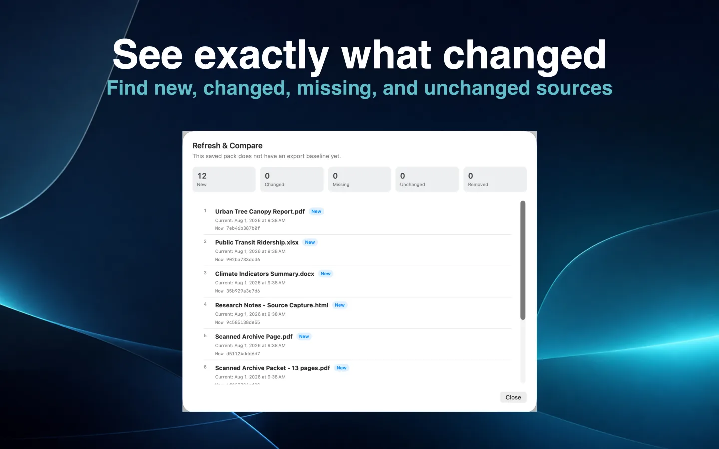 SourceShelf comparison results identifying changed and missing knowledge-pack sources.