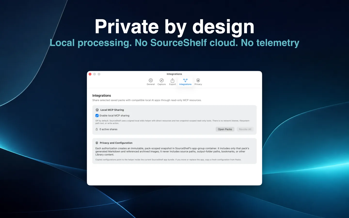 SourceShelf privacy settings explaining local processing and controlled AI access.