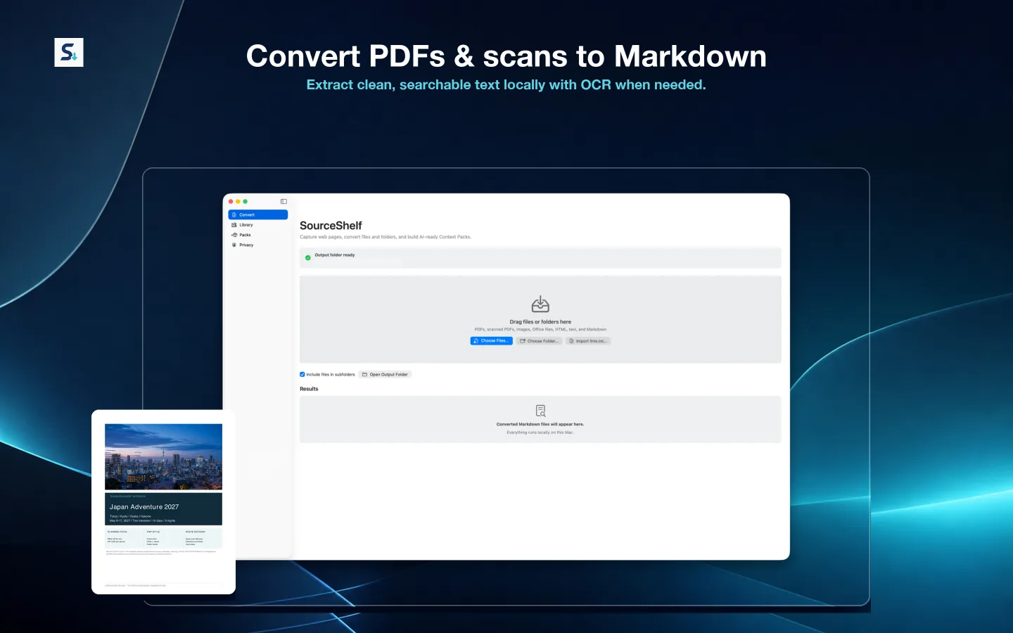 SourceShelf converting a PDF and scanned pages into searchable Markdown using local extraction and OCR.