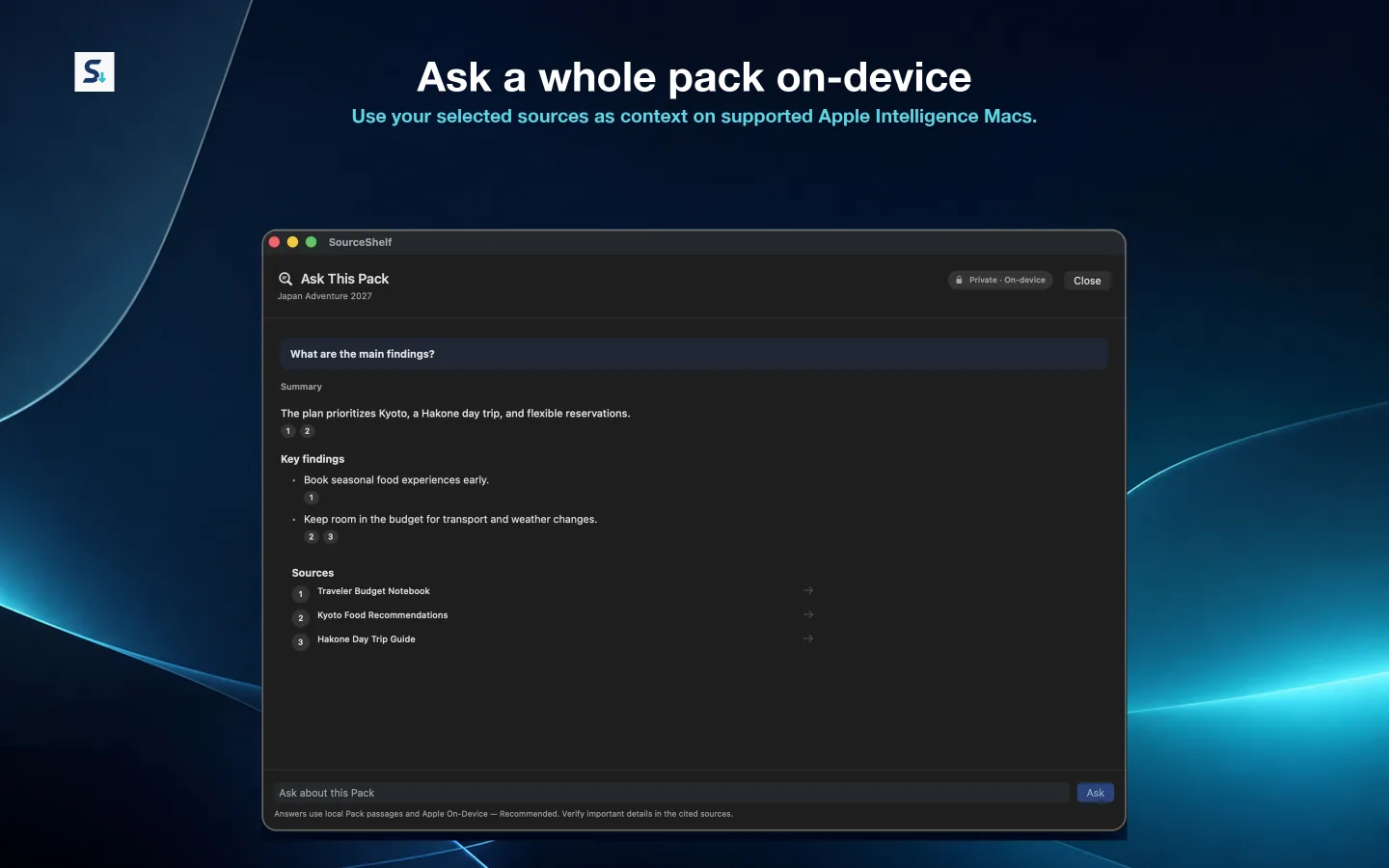 Ask This Pack in SourceShelf answering a question from selected research sources and showing citations.
