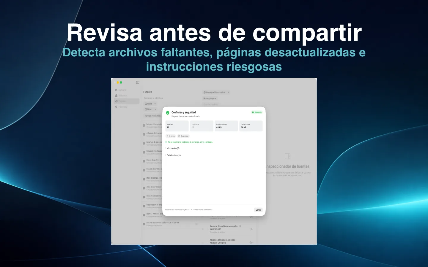 Revisión de confianza y seguridad de SourceShelf con el estado de un paquete de conocimiento.