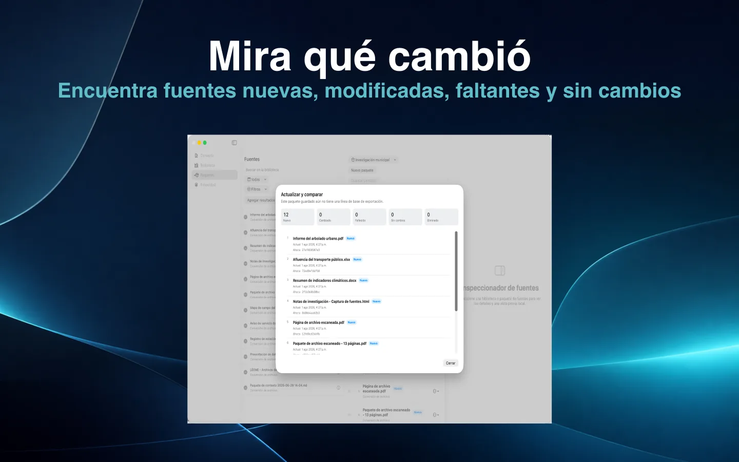 Informe Actualizar y comparar de SourceShelf que clasifica fuentes modificadas y faltantes.