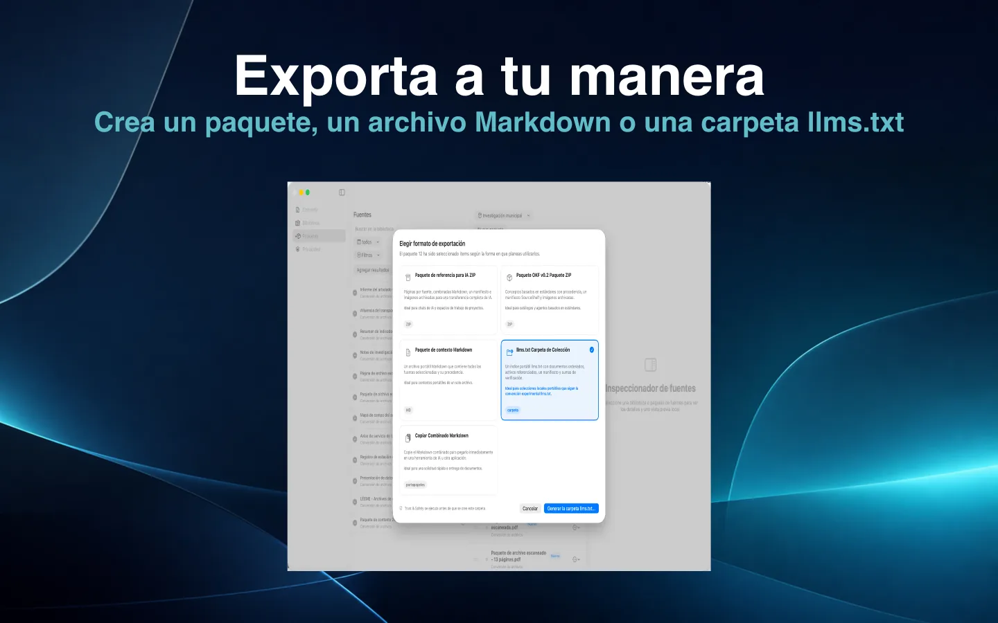 Opciones de exportación de SourceShelf para paquetes de IA, Markdown, llms.txt y otros flujos de trabajo.