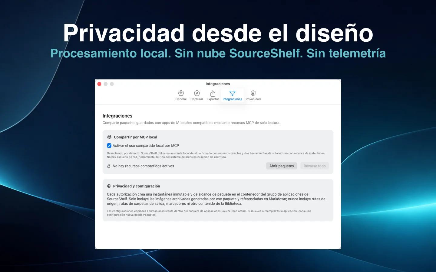 Configuración de privacidad de SourceShelf que explica el uso local y de solo lectura con IA.