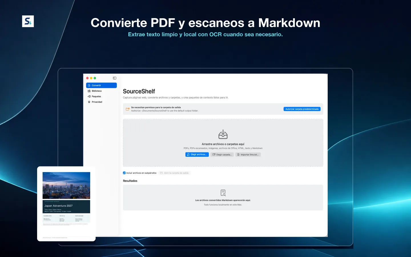 SourceShelf convierte un PDF y páginas escaneadas a Markdown consultable con extracción local y OCR.