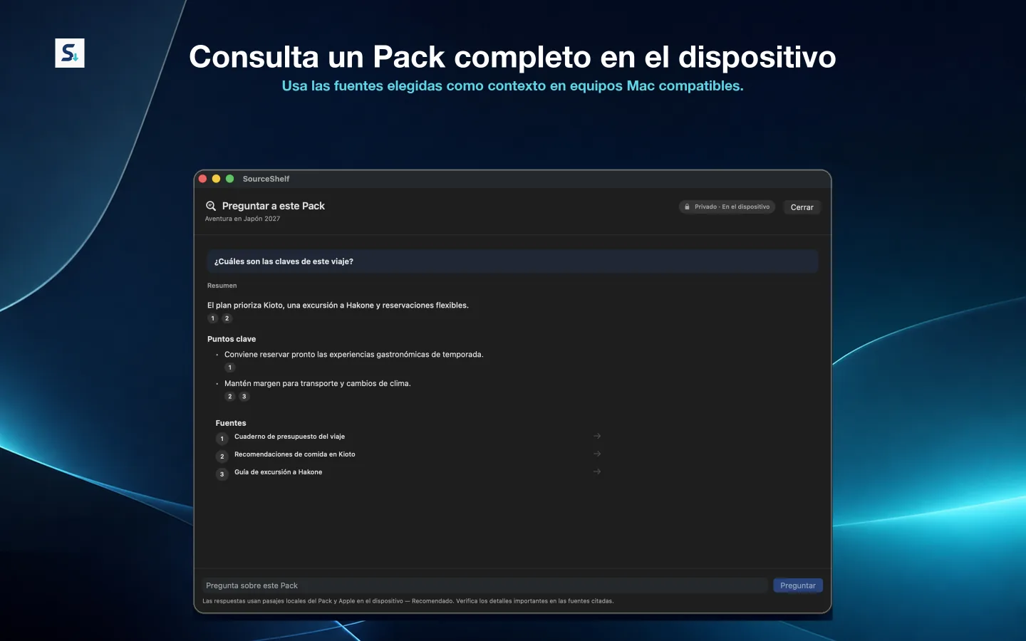 Ask This Pack de SourceShelf responde una pregunta a partir de fuentes seleccionadas y muestra citas.