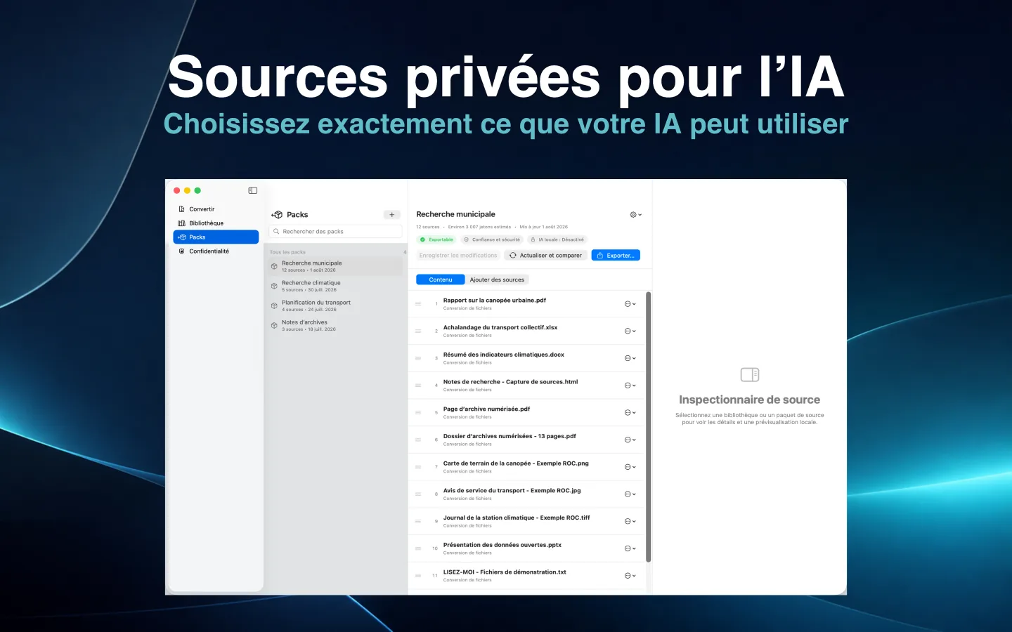 Créateur de packs SourceShelf montrant un ensemble ordonné de fichiers de recherche sélectionnés pour une utilisation par un assistant IA.
