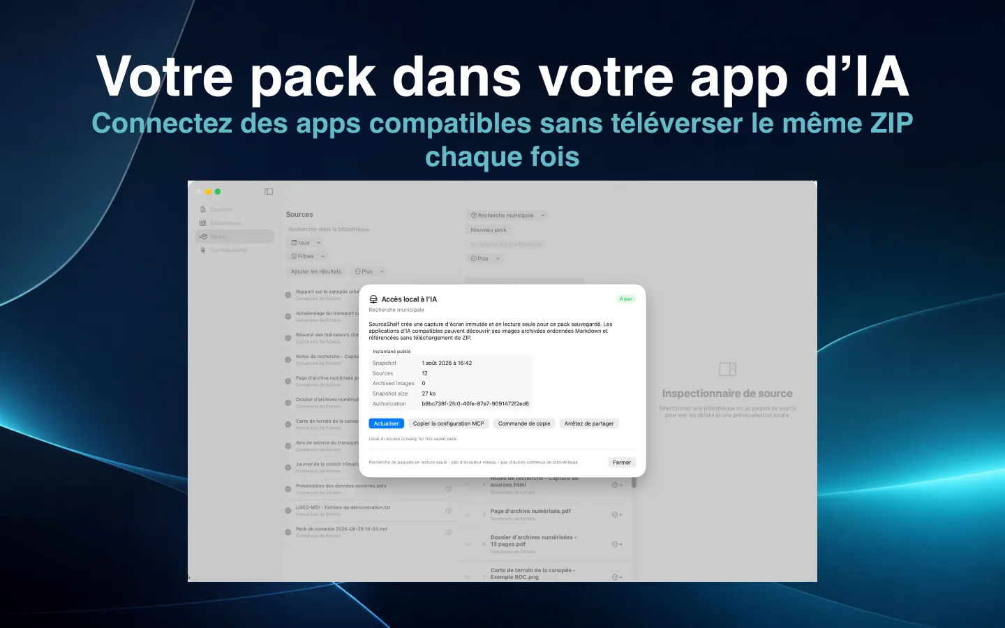 Fenêtre Accès local à l’IA de SourceShelf publiant un instantané de pack en lecture seule.