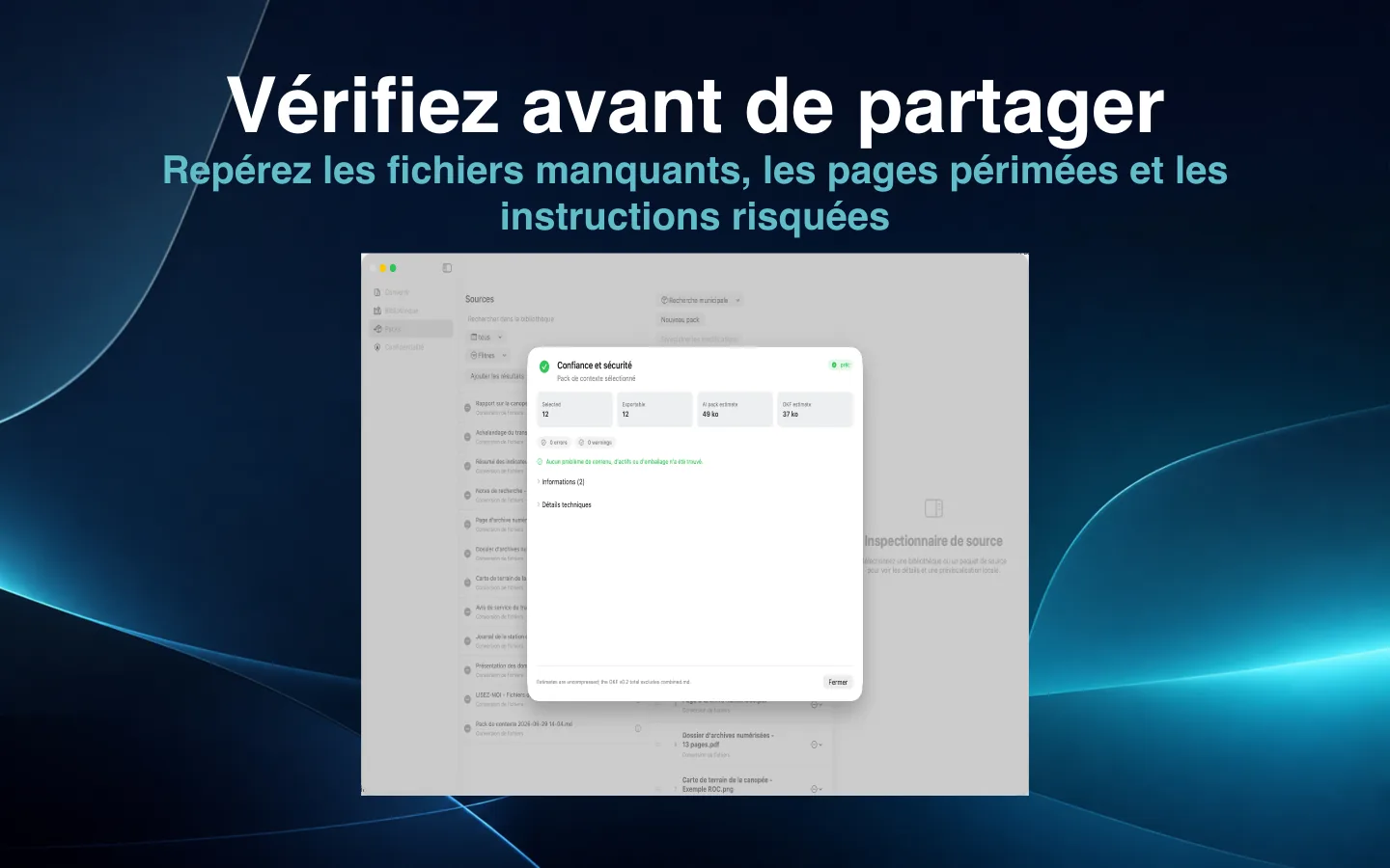 Vérification Confiance et sécurité de SourceShelf montrant l’état de préparation d’un pack de connaissances.