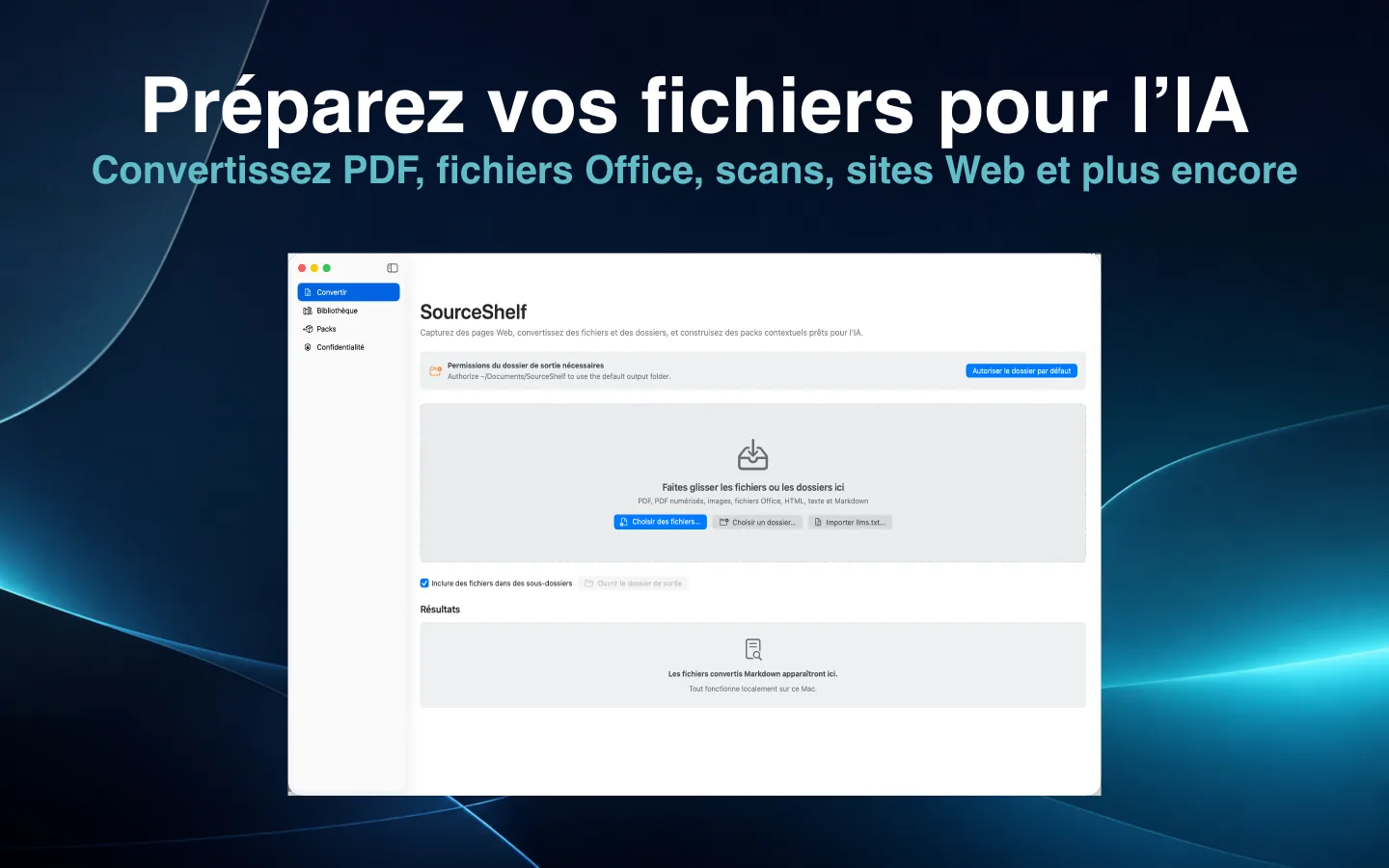 Écran de conversion SourceShelf prêt à transformer des documents et des dossiers en formats adaptés à l’IA.