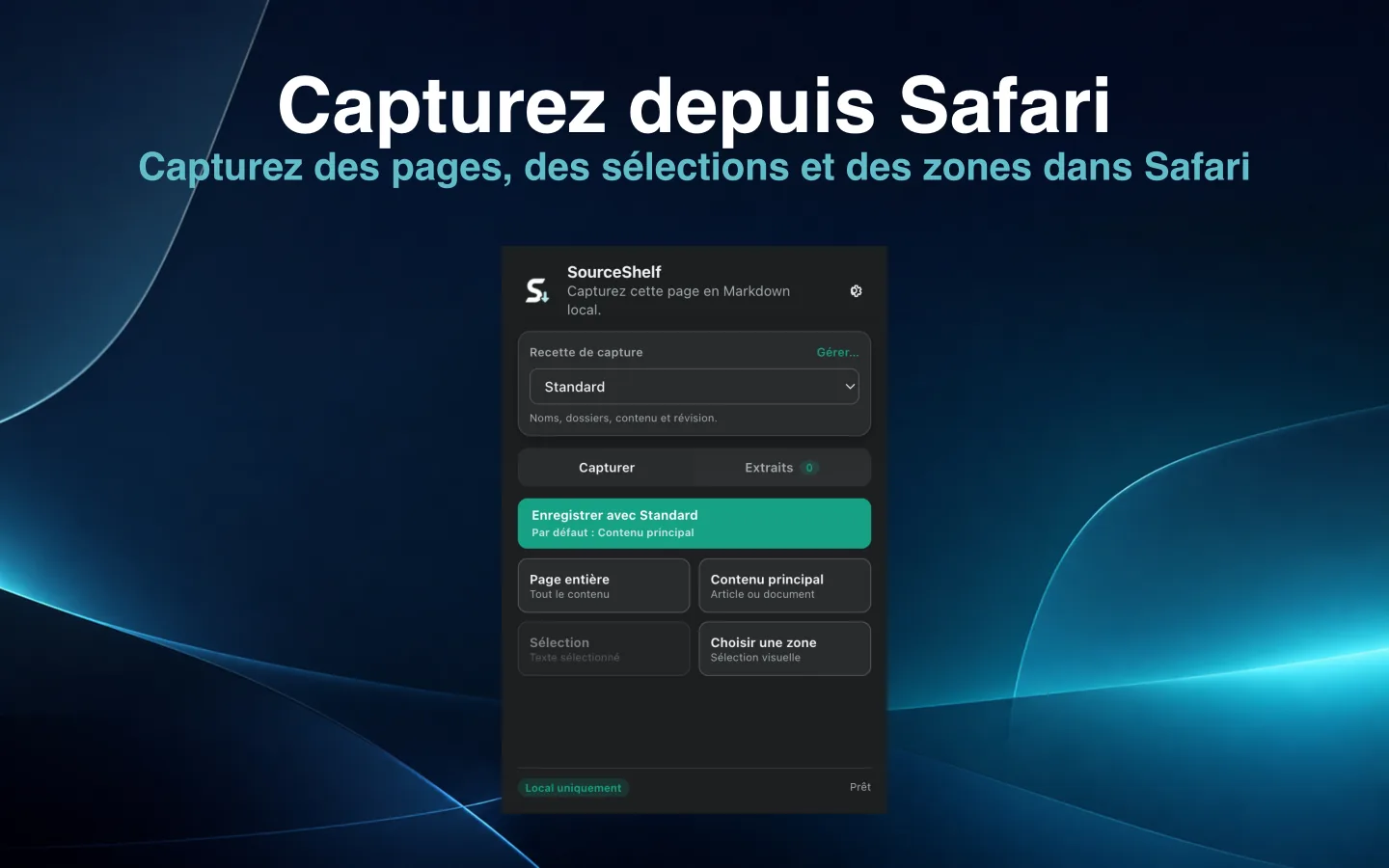 Extension Safari SourceShelf proposant la capture de page, de contenu principal, de sélection et de zone.