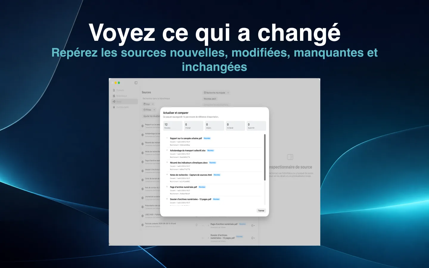Rapport Actualiser et comparer de SourceShelf classant les sources modifiées et manquantes.