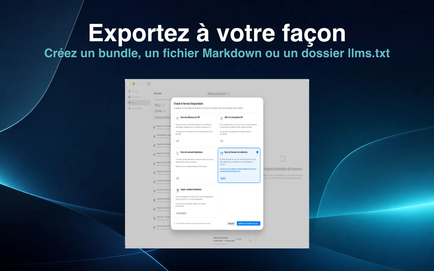 Options d’exportation SourceShelf pour les bundles IA, Markdown, llms.txt et d’autres flux de travail.