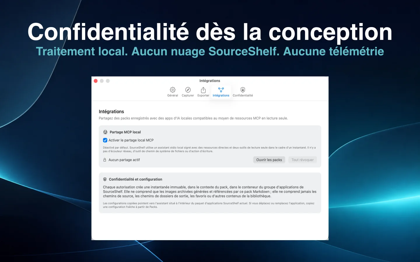 Réglages de confidentialité SourceShelf expliquant le partage IA local en lecture seule et le traitement privé.