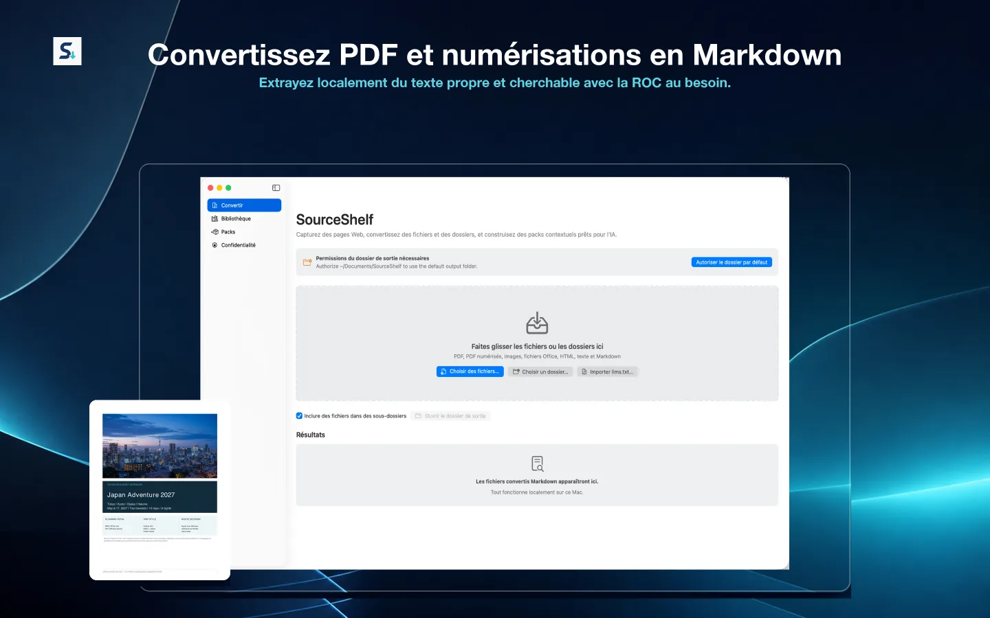 SourceShelf convertissant un PDF et des pages numérisées en Markdown consultable par extraction locale et OCR.