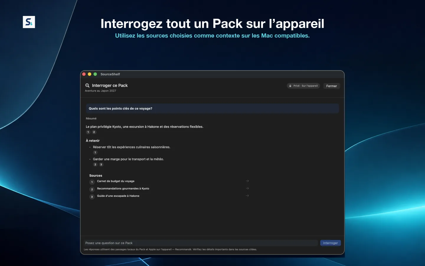 Ask This Pack dans SourceShelf répondant à une question à partir des sources choisies et affichant les références.
