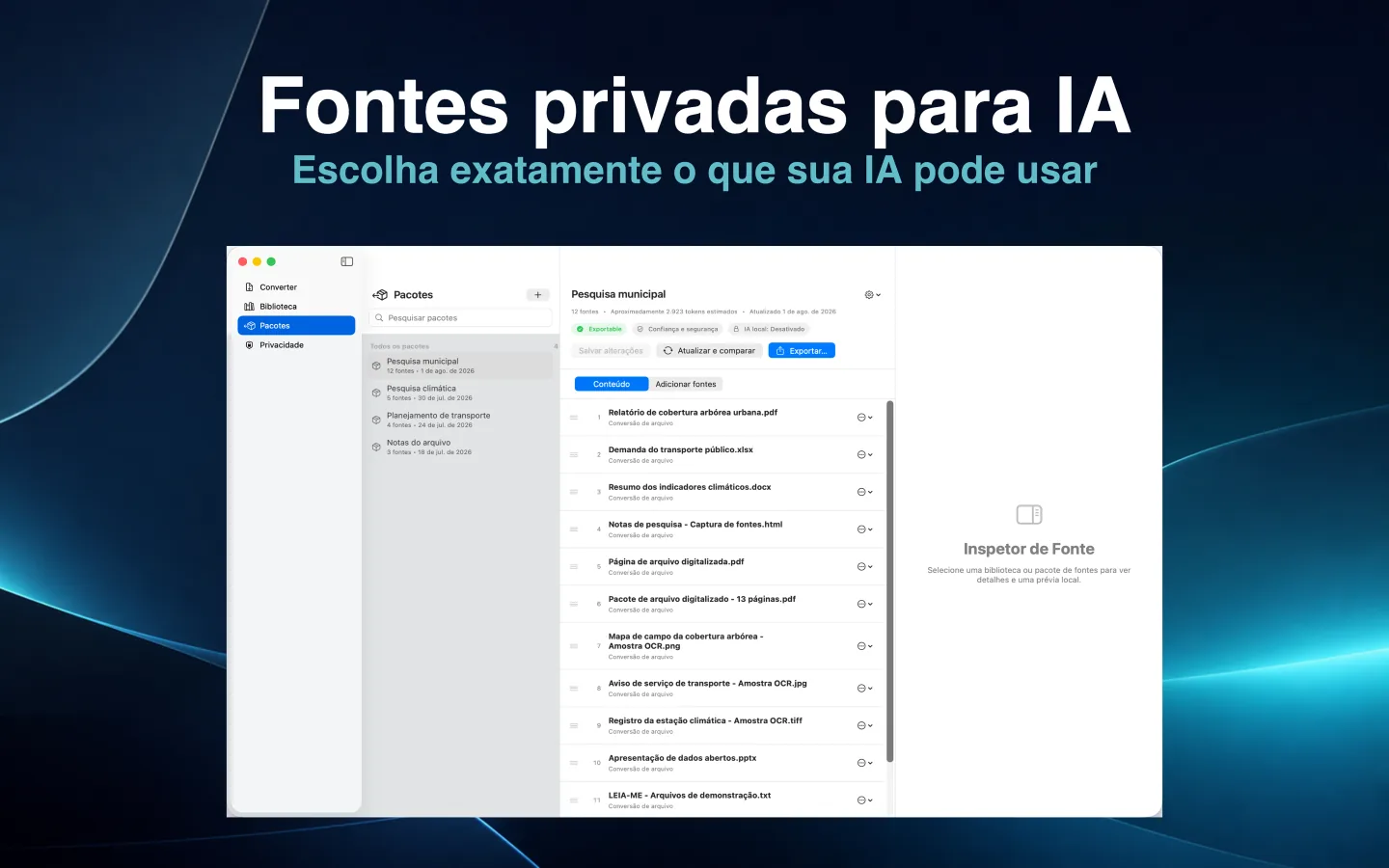 Criador de pacotes do SourceShelf com um conjunto ordenado de arquivos de pesquisa selecionados para um assistente de IA.