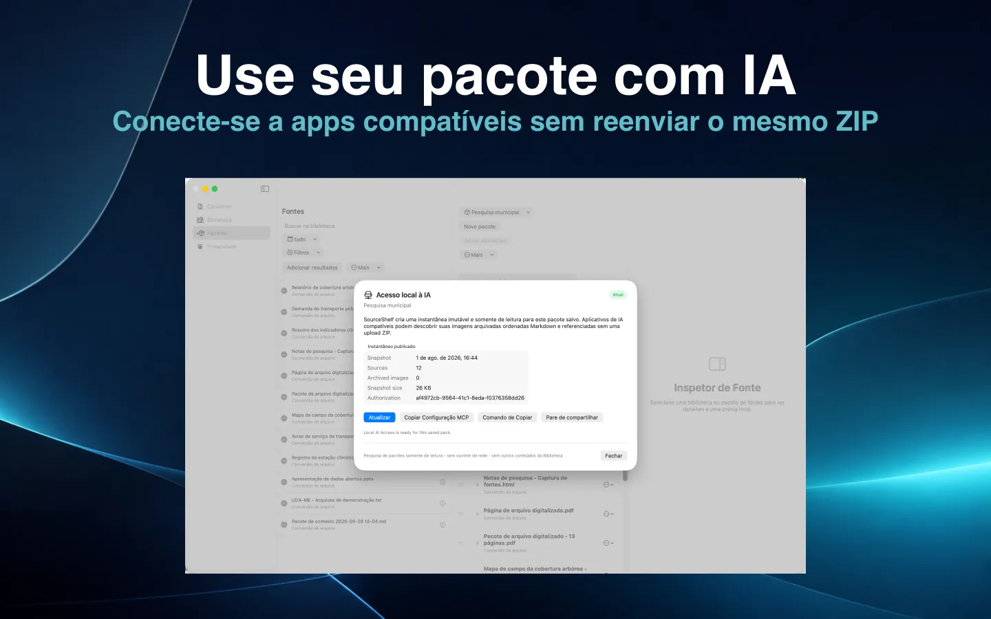 Janela Acesso local de IA do SourceShelf publicando um instantâneo de pacote somente leitura.