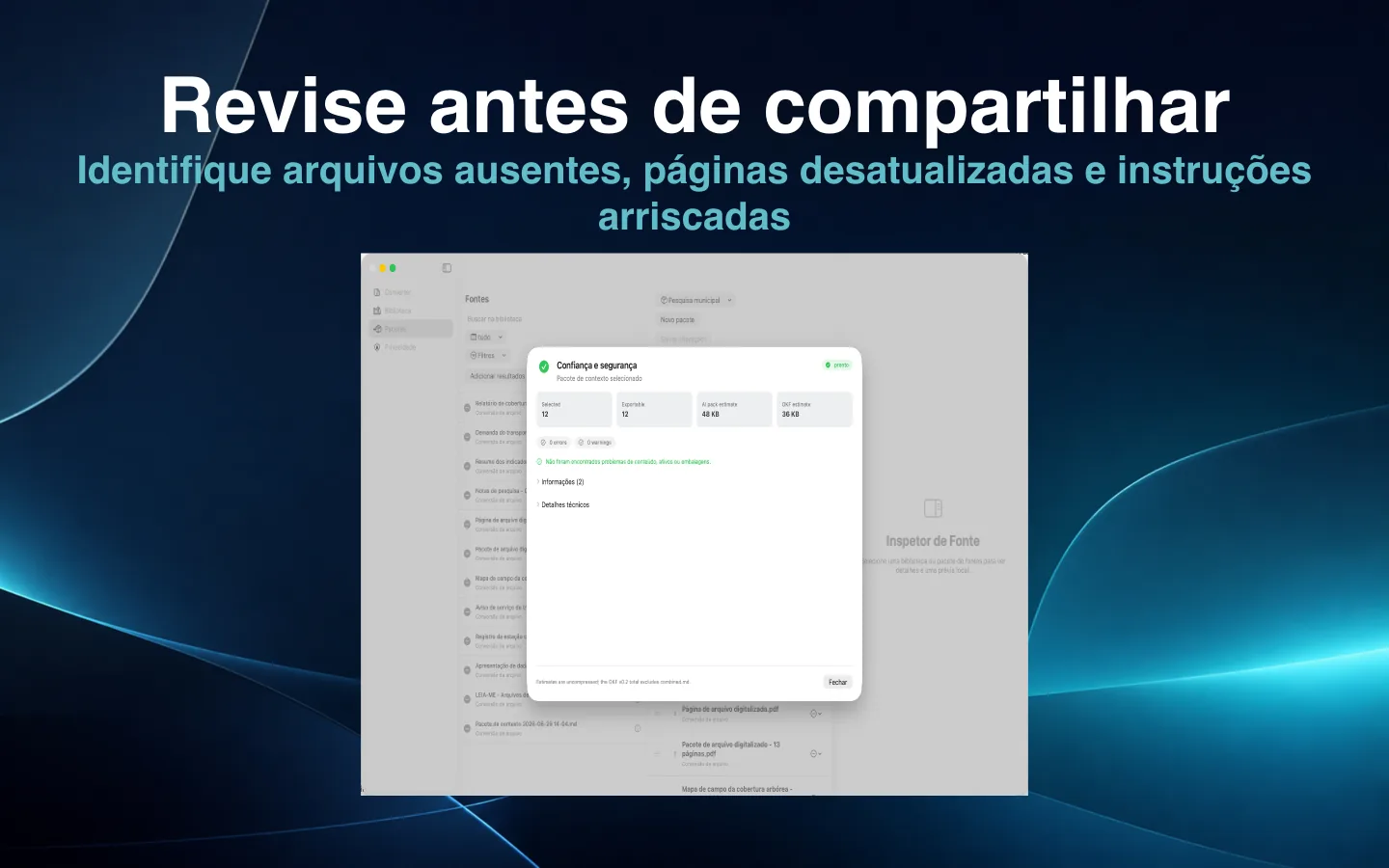 Revisão de confiança e segurança do SourceShelf mostrando o estado de um pacote de conhecimento.