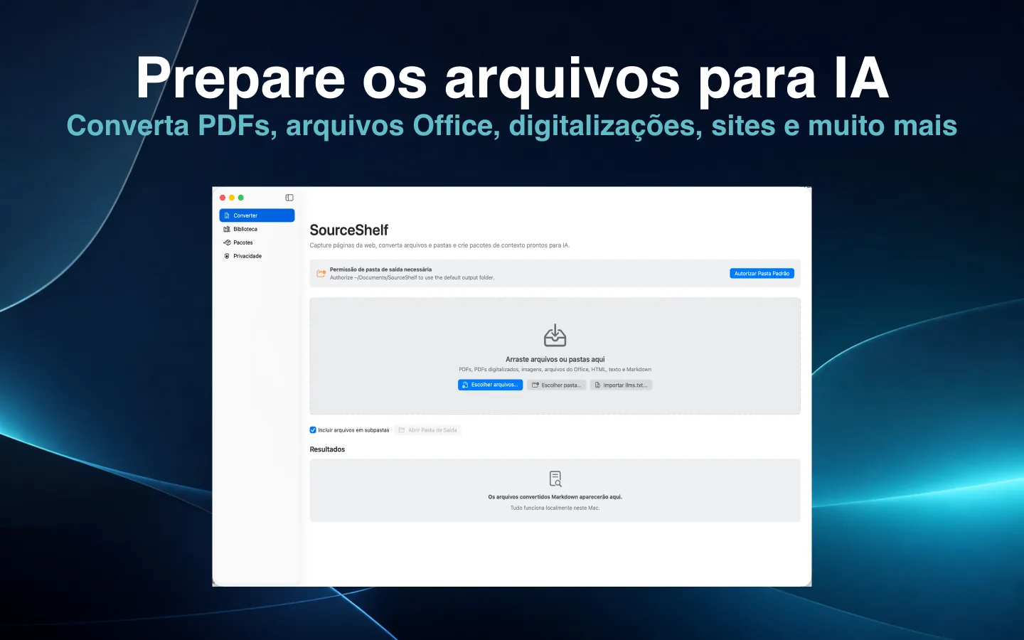 Tela de conversão do SourceShelf pronta para transformar documentos e pastas em formatos para IA.