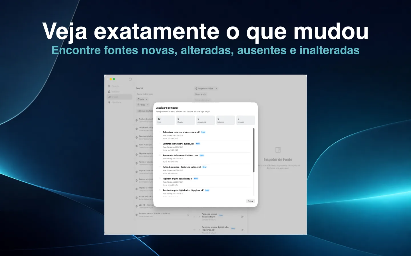Relatório Atualizar e comparar do SourceShelf classificando fontes alteradas e ausentes.