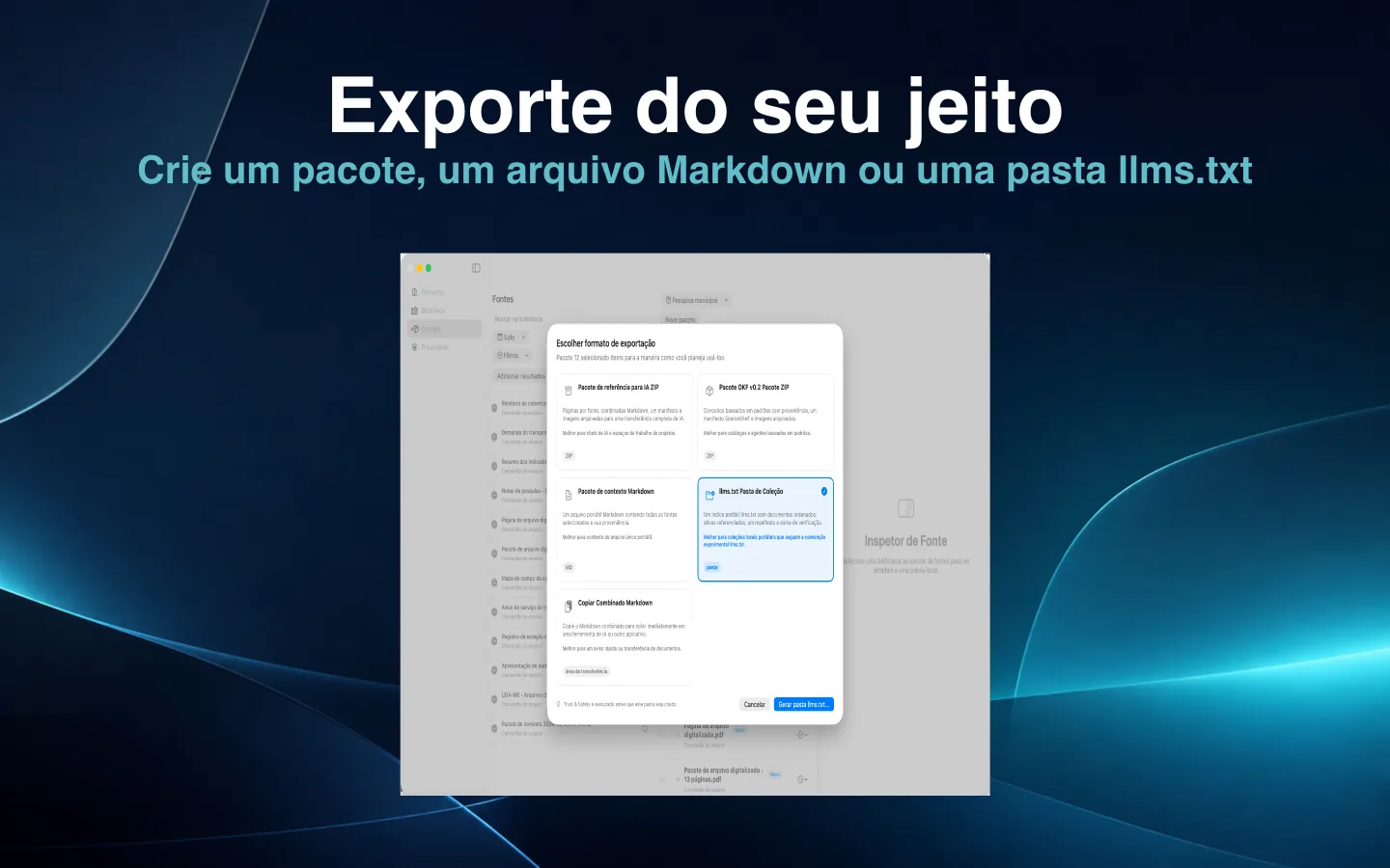 Opções de exportação do SourceShelf para pacotes de IA, Markdown, llms.txt e outros fluxos de trabalho.
