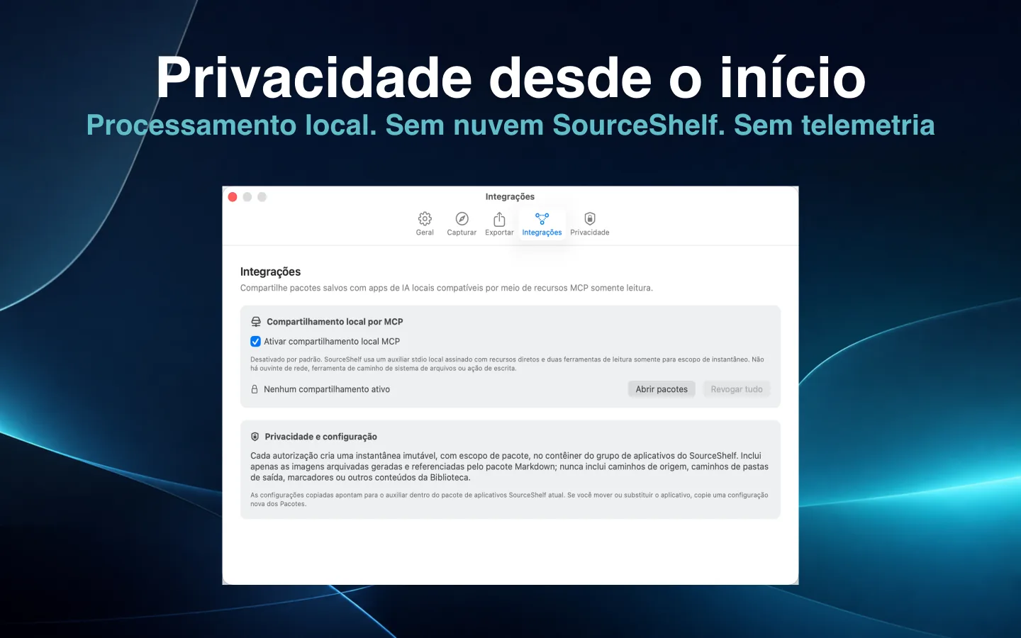 Configurações de privacidade do SourceShelf explicando o compartilhamento local e somente leitura com IA.