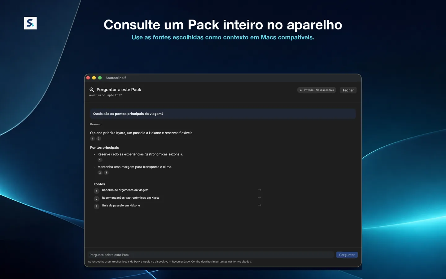 Ask This Pack no SourceShelf respondendo a uma pergunta a partir das fontes escolhidas e mostrando citações.