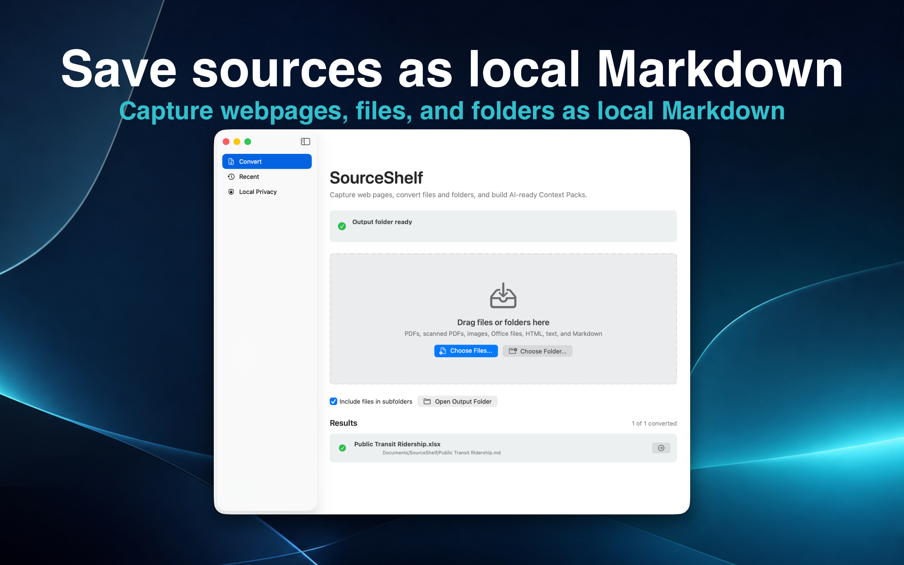 SourceShelf save as Markdown screen showing local source capture options.