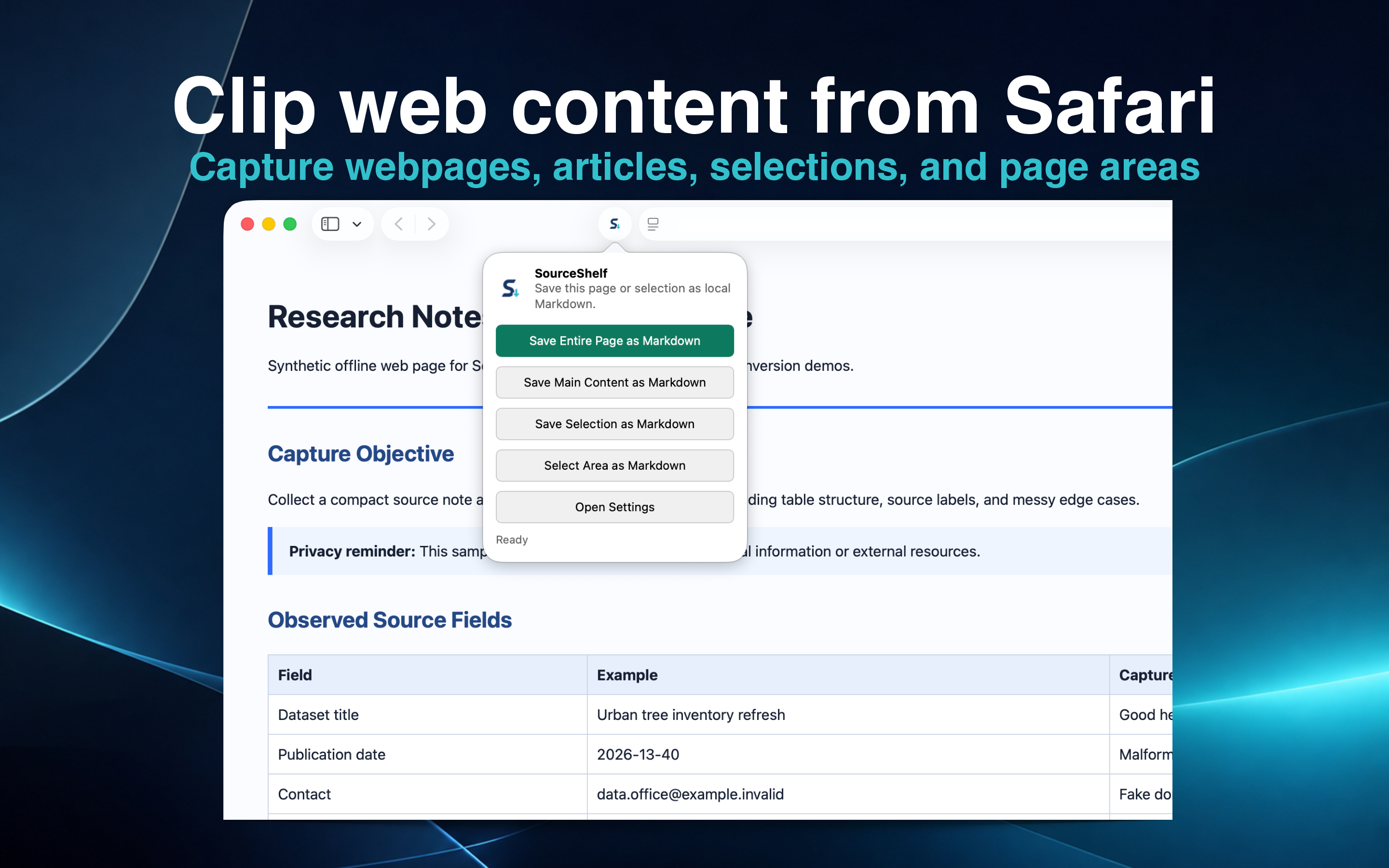 SourceShelf Safari clipping screen with options for full page, main content, selected text, and visible area.