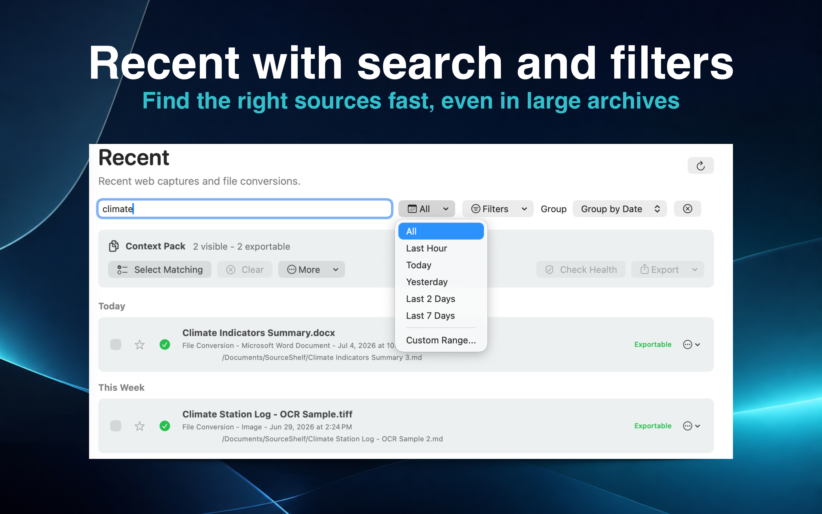 SourceShelf Recent screen with search and filtering controls.