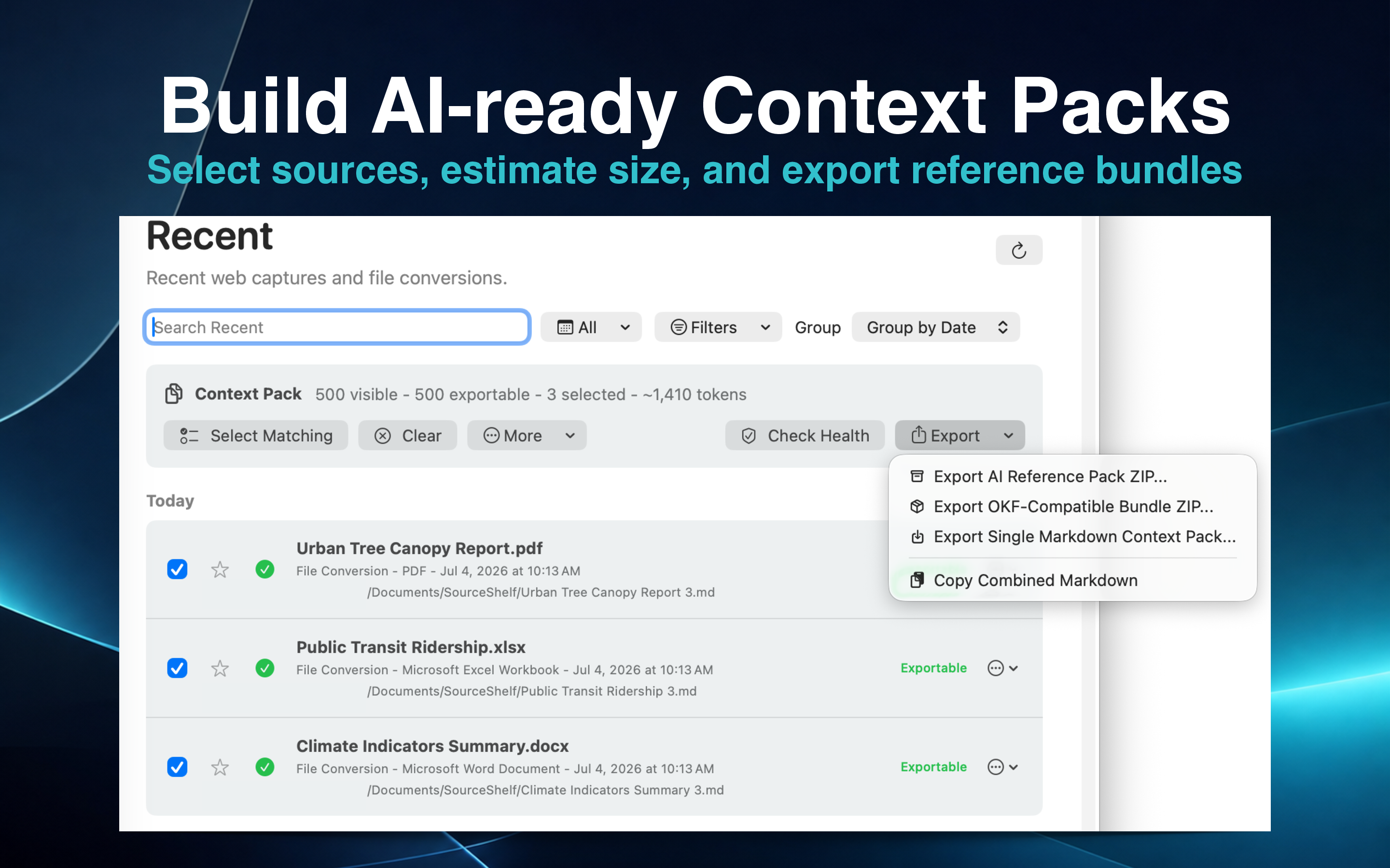 SourceShelf AI Reference Pack builder showing selected sources, health checks, and OKF-compatible bundle export.