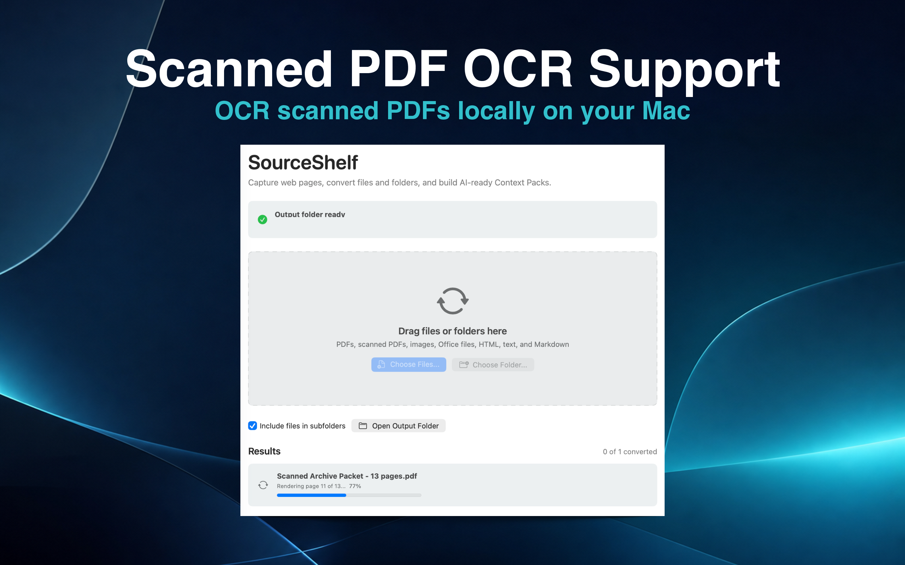 SourceShelf OCR screen for scanned PDFs and images.