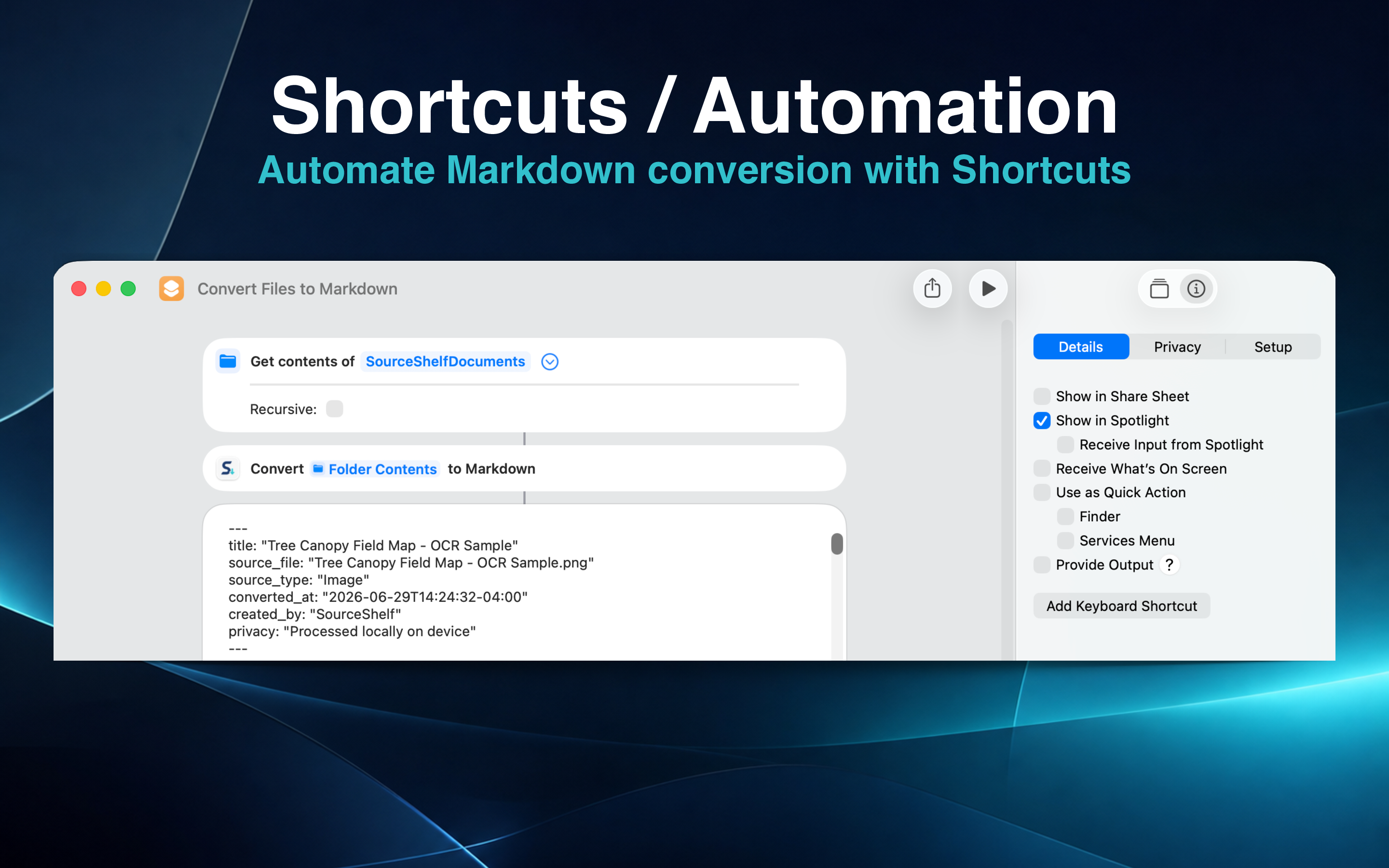 SourceShelf Shortcuts automation screen for Markdown conversion workflows.