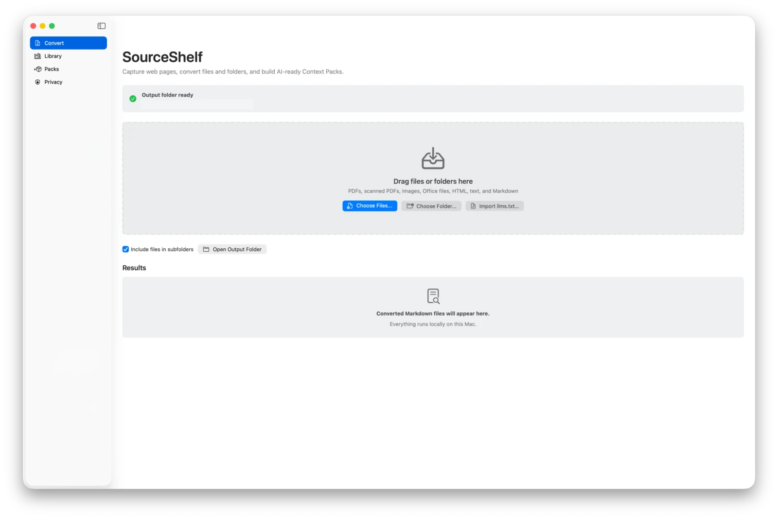 The Convert workspace ready for local files