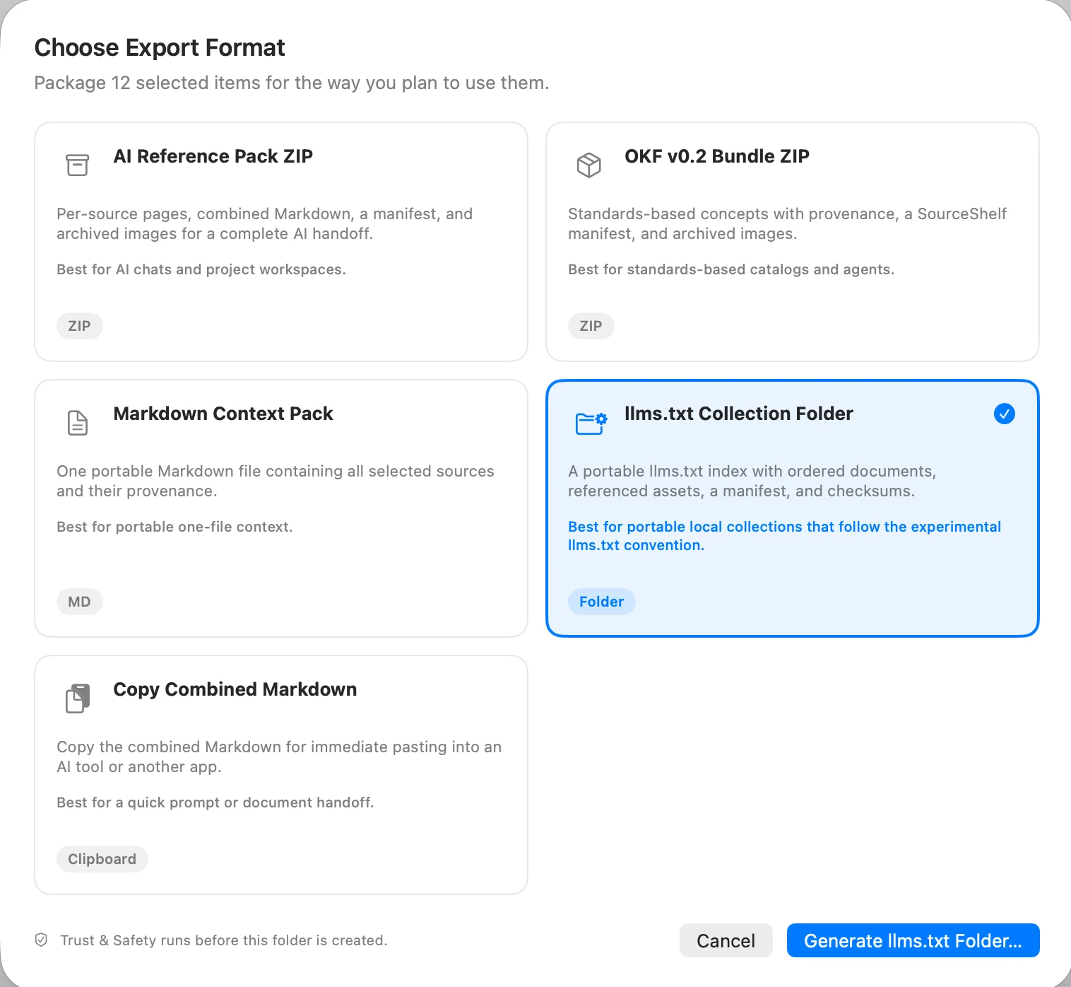 The five SourceShelf export choices