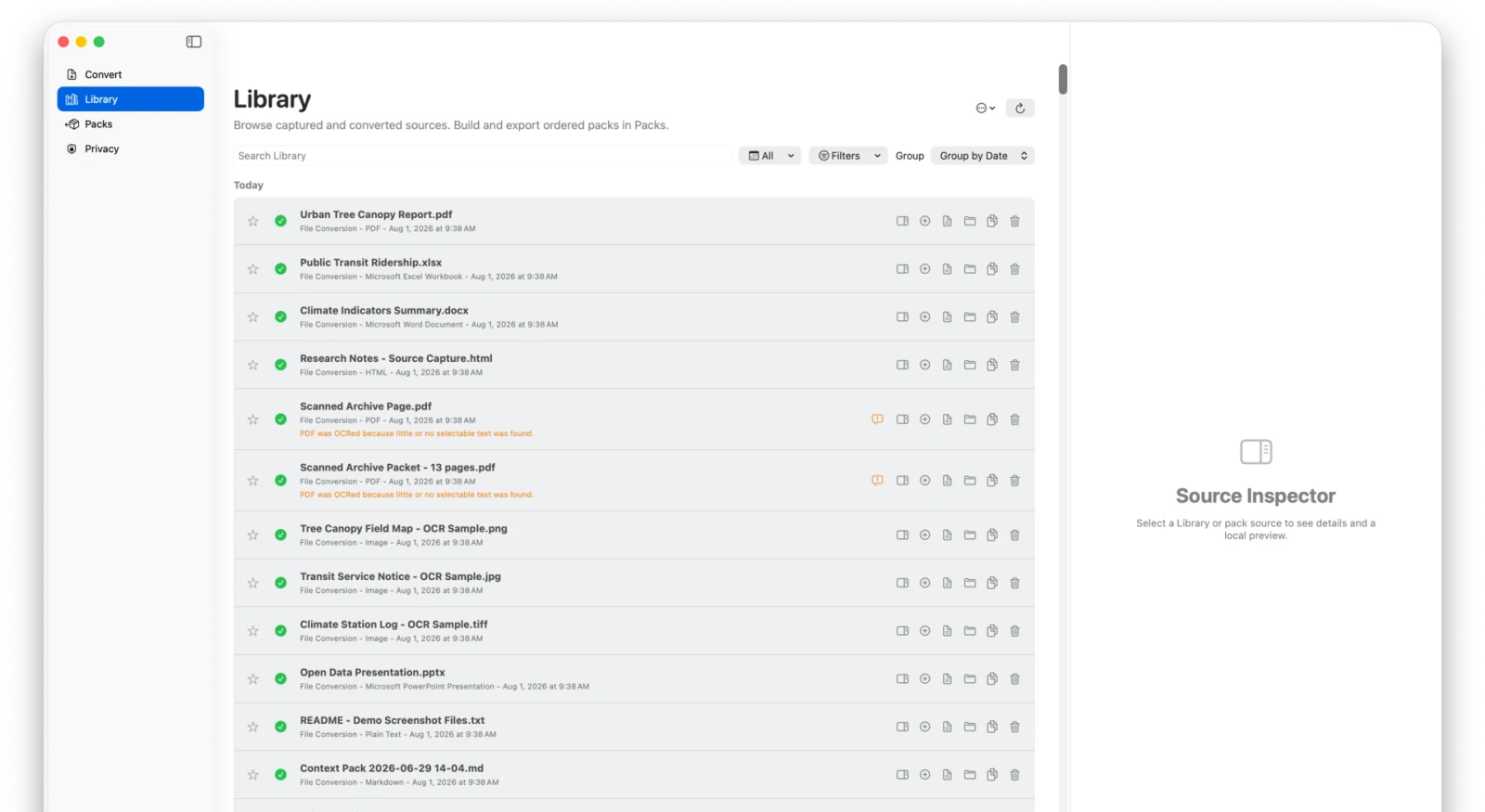 Synthetic demo sources in the Library