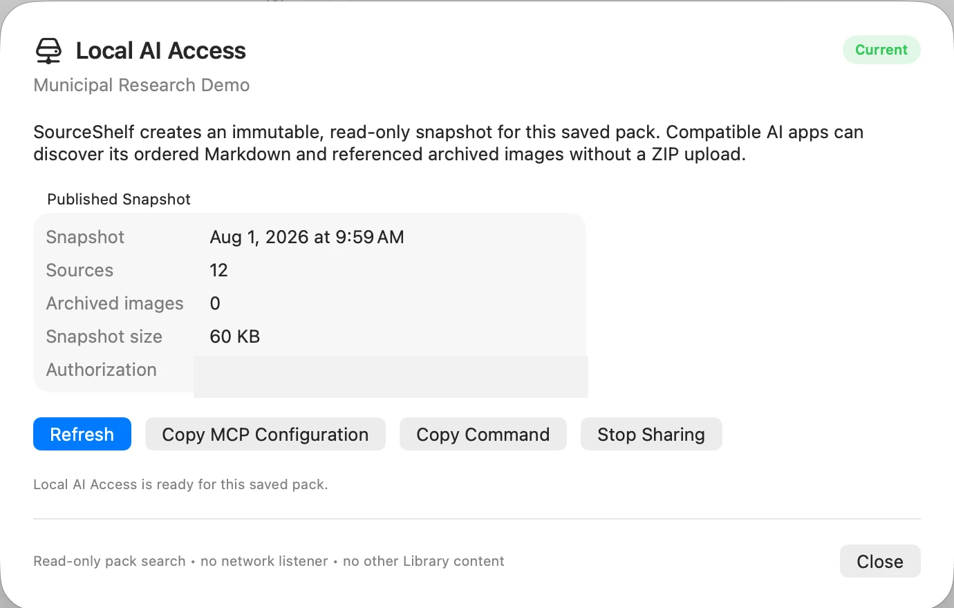 A current Local AI Access snapshot for a synthetic saved pack